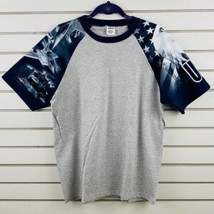 Mens M Everyday Life USA T-Shirt Gray Blue Short Printed‎ Sleeves Eagle Military